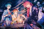  3boys akuma_ouji_to_ayatsuri_ningyou androgynous blonde_hair blue_eyes blue_hair braid flower halo highres japanese_clothes kai_(akuaya) kimono long_hair mere_(akuaya) multicolored_hair multiple_boys night night_sky ozadomi pink_eyes pink_hair short_hair sky star_(sky) starry_sky tis_(akuaya) white_hair 