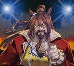  1boy animal_ears bangs beard brown_hair clenched_hand clenched_teeth commentary_request el_condor_pasa_(umamusume) eye_mask eyebrows_behind_hair facial_hair fire hair_between_eyes hand_up high_ponytail horse_ears jacket kws long_hair male_focus mustache open_clothes open_jacket ponytail red_jacket shirt solo teeth thick_eyebrows umamusume upper_body v-shaped_eyebrows yellow_shirt 