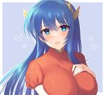  1girl :d awayuki_ramika blue_background blue_eyes blue_hair blush breasts caeda_(fire_emblem) fire_emblem fire_emblem:_mystery_of_the_emblem fire_emblem_heroes hand_on_own_chest heart jewelry large_breasts long_hair looking_at_viewer open_mouth portrait ring short_sleeves simple_background smile solo tiara turtleneck 