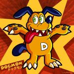  1:1 anthro bandai_namco canid canine canis claws digimon digimon_(species) dogmon domestic_dog fangs floppy_ears green_eyes hi_res karbonated long_tongue mammal pawpads sharp_teeth solo standing teeth tongue toony 