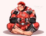  1boy akashi_(live_a_hero) bara blush bodysuit boots closed_mouth highres indian_style kizami_nori_to_yamaimo large_pectorals live_a_hero male_focus muscular muscular_male pectorals red_bodysuit red_hair scar scar_on_face scar_on_nose short_hair simple_background sitting solo torn_bodysuit torn_clothes translation_request twitter_username visor white_background 