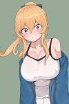 1girl bangs bare_shoulders blonde_hair blue_jacket blush bow breasts cleavage genshin_impact grey_bow grey_eyes hair_between_eyes hair_bow highres jacket jean_(genshin_impact) large_breasts long_hair looking_at_viewer off_shoulder open_clothes open_jacket ponytail skyhood solo sweat tank_top white_tank_top 