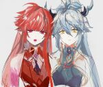  2boys androgynous blue_hair denif_(elsword) dragon_boy dragon_horns elsword highres horns kurayuki0404 long_hair looking_at_viewer male_focus multiple_boys open_mouth otoko_no_ko parted_lips pointy_ears ponytail red_eyes red_hair rosso_(elsword) sketch teeth very_long_hair white_background yellow_eyes 