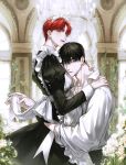  2boys ajrtkf44 apron arch bangs black_dress black_hair blurry blush chandelier collarbone collared_shirt couple crossdressing depth_of_field dress flower frilled_apron frills hand_on_another&#039;s_ass hand_on_another&#039;s_neck hand_on_another&#039;s_shoulder head_on_chest highres hug juliet_sleeves korean_commentary long_sleeves looking_at_viewer maid maid_apron maid_headdress male_focus multiple_boys original parted_bangs puffy_sleeves red_hair rose shirt standing virtual_youtuber white_apron white_flower white_rose yaoi 