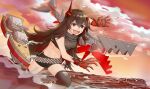  1girl artillery azur_lane black_shorts brown_hair brown_thighhighs cross english_commentary fangs horns iron_cross long_hair magdeburg_(azur_lane) mechanical_hands mechanical_horns midriff non-humanoid_robot orange_sky partially_submerged red_eyes red_horns rigging robot robot_animal short_shorts shorts skin_fangs sky solo torn_clothes torn_legwear turret water zoink 