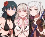 3girls alternate_costume bangs belt belt_buckle bikini black_bikini black_coat black_hairband black_swimsuit blue_eyes blue_hair blush breasts brown_belt brown_eyes brown_gloves buckle byleth_(fire_emblem) byleth_(fire_emblem)_(female) byleth_(summer)_(fire_emblem)_(female) cleavage closed_mouth coat coat_on_shoulders collarbone commentary_request corrin_(fire_emblem) corrin_(fire_emblem)_(female) corrin_(summer)_(fire_emblem)_(female) dagger expressionless fire_emblem fire_emblem:_three_houses fire_emblem_awakening fire_emblem_fates fire_emblem_heroes flower flower_necklace gloves grey_background grey_hair hair_between_eyes hair_flower hair_ornament hairband hibiscus highres hood hood_down hooded_coat jewelry knife large_breasts long_hair looking_at_viewer medium_breasts multiple_girls navel necklace o-ring o-ring_top official_alternate_costume open_mouth own_hands_together peach11_01 pink_flower pointy_ears purple_bikini purple_swimsuit red_eyes red_flower robin_(fire_emblem) robin_(fire_emblem)_(female) sheath sheathed simple_background smile swimsuit teeth trait_connection twintails twitter_username upper_body upper_teeth weapon white_bikini white_hair white_swimsuit 