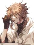  1boy black_shirt blonde_hair clamor_(elsword) earrings elf elsword gloves green_eyes jacket jewelry long_hair male_focus monocle necklace open_mouth pen pendant pointy_ears shirt solo sweater tkylv1683 turtleneck turtleneck_sweater white_background 