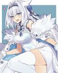  1girl animal_ears blue_eyes breasts bun_cover cape china_dress chinese_clothes dobrynya_nikitich_(fate) dress fang fate/grand_order fate_(series) fur-trimmed_cape fur_trim hairband heart highres official_alternate_costume tail thighhighs uxco0 white_dress white_hair 