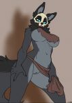  2022 abyssal_wolf anthro biped black_body black_fur blue_eyes bone bottomwear bottomwear_aside breasts brown_loincloth canid canine canis claws clothed clothing clothing_aside esther_(rinkai) eyebrows eyelashes female foxboy83 fur genitals grey_body grey_fur hi_res licking loincloth loincloth_aside looking_at_viewer mammal mostly_nude nipple_outline presenting presenting_pussy pussy self_lick side_boob simple_background skull skull_head solo tongue tongue_out under_boob wolf 