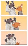  anthro blush canid canine canis clothed clothing comic diane_foxington digital_media_(artwork) dreamworks duo eyebrow_piercing facial_piercing female fox fur hi_res male mammal mr._wolf_(the_bad_guys) nosugarnohoney open_mouth orange_body orange_fur piercing simple_background smile sniffing the_bad_guys white_suit wolf 