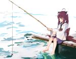  1girl ahoge bangs barefoot blue_skirt brown_hair closed_mouth commentary_request day fishing fishing_rod headgear holding holding_fishing_rod japanese_clothes kimono lamb_(hitsujiniku) long_sleeves looking_away obi outdoors pier pleated_skirt red_eyes sash sitting skirt solo touhoku_kiritan twintails voiceroid water white_kimono wide_sleeves 