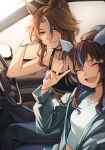  2girls :d absurdres alternate_costume animal_ears bangs black_shirt blue_eyes blue_hair blue_jacket blue_pants bracelet brown_hair car_interior casual choker closed_eyes daitaku_helios_(umamusume) ear_covers ear_ornament ear_piercing earrings elbow_rest facial_mark film_grain from_side fuyukayui hair_ornament hairclip hand_on_own_cheek hand_on_own_face highres horse_ears horse_girl jacket jewelry long_hair long_sleeves looking_at_viewer loose_clothes mejiro_palmer_(umamusume) multicolored_hair multiple_girls nail_polish necklace open_clothes open_jacket pants parted_bangs piercing ponytail right-hand_drive shirt sidelighting sidelocks sitting sleeveless smile steering_wheel streaked_hair umamusume v white_shirt wrinkled_fabric 