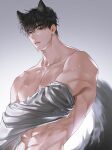  1boy abs ajrtkf44 animal_ears bangs black_hair blue_eyes collarbone dog_boy dog_ears dog_tail grey_background highres korean_commentary looking_at_viewer male_focus muscular muscular_male original solo tail undressing upper_body wet 