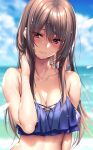  1girl bikini blue_bikini blue_sky blurry blurry_background blush breasts brown_hair cleavage collarbone hand_on_own_neck hanikami_kanojo highres long_hair looking_at_viewer medium_breasts minazumi_kasane outdoors piromizu red_eyes sky solo straight_hair swimsuit upper_body very_long_hair wet wet_hair 