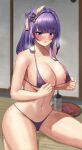  1girl absurdres bikini blush breasts cleavage condom genshin_impact highres large_breasts looking_at_viewer nipples onedoo open_mouth purple_bikini purple_eyes purple_hair pussy_juice raiden_shogun solo swimsuit thighs wet 