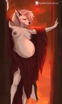 2022 anthro belly big_belly big_breasts black_nose breasts canid canid_demon clothed clothing demon digital_media_(artwork) female fur grey_body grey_fur hair hellhound helluva_boss hi_res long_hair looking_at_viewer loona_(helluva_boss) mammal miuraon multicolored_body multicolored_fur navel nipples nude off_shoulder open_clothing open_robe outie_navel pose pregnant pregnant_female robe silver_hair solo standing two_tone_body two_tone_fur white_body white_fur 