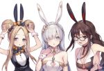  3girls abigail_williams_(fate) anastasia_(fate) animal_ears aqua_eyes bangs bare_arms bare_shoulders blonde_hair blue_eyes bow breasts brown_hair character_request cleavage collarbone commentary detached_collar double_bun ear_piercing eyes_visible_through_hair fake_animal_ears fate/grand_order fate_(series) forehead glasses hair_bow hair_bun hair_ornament hands_up long_bangs long_hair looking_at_viewer lower_teeth medium_breasts multiple_girls nontraditional_playboy_bunny open_mouth piercing playboy_bunny simple_background sleeveless small_breasts sweat swept_bangs teeth upper_body vivi_(eve_no_hakoniwa) white_background white_hair wrist_cuffs 