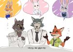  anthro beastars blush brown_body canid canine canis clothed clothing dialogue diane_foxington digital_media_(artwork) disney dreamworks eyebrow_piercing facial_piercing female fox fur grey_body grey_fur group hare haru_(beastars) image_bubble judy_hopps korean_text lagomorph legoshi_(beastars) leporid male mammal mr._wolf_(the_bad_guys) nick_wilde nosugarnohoney orange_body orange_fur piercing purple_eyes rabbit shirt simple_background text the_bad_guys topwear trio white_body white_fur wolf zootopia 