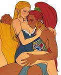  2girls bare_legs blonde_hair blue_nails braid breasts cleavage crown_braid dark-skinned_female dark_skin earrings highres jewelry kissing_breast light_blush long_hair multiple_girls neck_ring nightgown pointy_ears princess_zelda red_hair scubabyy sitting sitting_on_lap sitting_on_person strap_slip the_legend_of_zelda the_legend_of_zelda:_breath_of_the_wild thigh_grab thighs urbosa very_long_hair yuri 