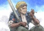  1boy blonde_hair blue_eyes blue_jacket cid_highwind cigarette final_fantasy final_fantasy_vii goggles goggles_on_head highres holding holding_cigarette holding_polearm holding_weapon jacket polearm sitting smoking spear spiked_hair weapon yukimedonn 