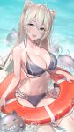  1girl :d ahoge animal_ear_fluff animal_ears bangs beach bikini black_bikini breasts cleavage earrings grey_eyes highres hololive innertube jewelry kainown large_breasts lion_ears lion_girl long_hair looking_at_viewer navel open_mouth shishiro_botan sitting smile ssrb stomach straight_hair strap_gap swimsuit virtual_youtuber water wet white_hair 