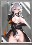  1girl arknights armband ascot ass_visible_through_thighs black_dress blush bottomless breast_hold breasts breasts_out brooch commentary_request covering covering_crotch cowboy_shot deep_skin dragon_horns dress frilled_dress frills grabbing_own_breast grey_eyes grey_hair groin hair_intakes horns jewelry juliet_sleeves large_breasts long_hair long_sleeves looking_at_viewer mirror navel no_bra open_mouth parted_lips puffy_sleeves revision skindentation smile solo talulah_(arknights) thigh_gap yuzuruka_(bougainvillea) 