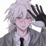  1boy artist_name bangs black_necktie boleum_(dgrpluna) brown_eyes collared_shirt danganronpa_(series) danganronpa_2:_goodbye_despair grey_background grey_hair grey_shirt hand_up jacket komaeda_nagito looking_at_viewer mechanical_arms necktie open_clothes open_jacket parted_lips ponytail portrait shiny shiny_hair shirt simple_background solo 