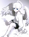  1boy ajrtkf44 angel angel_wings bangs bed_sheet black_shorts blue_eyes controller feathered_wings feet_out_of_frame frown game_controller grey_background halo highres knee_up long_sleeves looking_at_viewer male_focus no_shoes on_bed original pale_skin short_hair shorts sitting sleeves_past_wrists socks solo white_hair white_legwear white_wings wings 