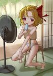  1girl absurdres bare_shoulders barefoot blonde_hair blush chair commentary dated_commentary day electric_fan feet food hair_blowing hair_ribbon highres hot indoors licking looking_at_viewer lulumiya_(abbb1233) panties popsicle porch red_eyes red_ribbon ribbon rumia shadow short_hair sitting sitting_backwards sliding_doors solo sweat tatami toes tongue tongue_out touhou tree underwear underwear_only white_panties 