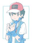  1boy ash_ketchum bangs black_hair blue_jacket blue_ribbon blush bound brown_eyes closed_mouth commentary_request framed frown hands_up hat highres jacket looking_at_viewer male_focus minato_(mntnm) own_hands_together pokemon pokemon_(anime) pokemon_journeys red_headwear ribbon ribbon_bondage shirt short_hair short_sleeves sleeveless sleeveless_jacket solo t-shirt upper_body white_background white_shirt 