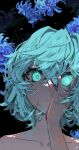  1girl bare_shoulders black_background blue_eyes blue_hair collarbone curly_hair flower glowing glowing_eye hand_on_own_face highres looking_at_viewer mont_blanca original short_hair simple_background solo 