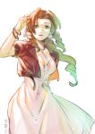  1girl aerith_gainsborough bangle bangs bracelet braid braided_ponytail breasts brown_hair buttons choker cleavage cropped_jacket curly_hair dress final_fantasy final_fantasy_vii final_fantasy_vii_remake green_eyes hair_ribbon hand_up jacket jewelry long_dress long_hair looking_at_viewer medium_breasts nanpou_(nanpou0021) parted_bangs parted_lips pink_dress red_jacket ribbon short_sleeves sidelocks solo sundress upper_body white_background 