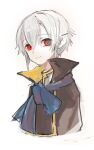  1boy blue_hair cape closed_mouth elsword kurayuki0404 looking_at_viewer male_focus multicolored_eyes pointy_ears red_hair short_hair sketch smile solo stirbargen_(elsword) white_background white_hair 