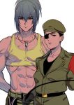  1boy 1girl abs absurdres belt beniazumaru beret black_gloves blue_eyes blue_hair dog_tags eyepatch genderswap gloves hat heidern highres leona_heidern military military_uniform mother_and_son muscular muscular_male pectoral_cleavage pectorals pocket ponytail riding_crop the_king_of_fighters uniform 