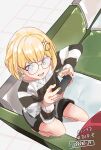  1girl bangs blonde_hair blue_eyes controller couch earrings game_controller glasses hair_ornament highres hololive hololive_english jewelry long_shirt long_sleeves monocle_hair_ornament nail_polish playing_games solo virtual_youtuber vvvvvvvvin watson_amelia 