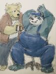  2022 absurd_res anthro aotadobukitch belly bottomwear can canid canine canis clothing container domestic_dog duo giant_panda hat headgear headwear hi_res humanoid_hands kemono male mammal overalls overweight overweight_male pants shirt sitting topwear ursid 