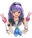  1girl absurdres bangs blue_eyes blush bow_hairband breasts collarbone collared_shirt cropped_torso double_v gloves goumudan hair_ornament hairband hairclip highres long_hair looking_at_viewer medium_breasts misora_(princess_connect!) open_mouth princess_connect! purple_hair shirt sidelocks simple_background sleeveless sleeveless_shirt smile solo upper_body v white_background white_gloves white_shirt 