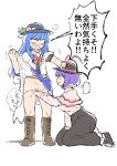  2girls absurdres blue_hair boots clothes_lift female_pubic_hair fingering hat highres hinanawi_tenshi kneeling lifted_by_self long_hair multiple_girls nagae_iku no_panties pubic_hair purple_hair sekaihebi short_hair skirt skirt_lift touhou yuri 