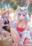  2girls :3 alternate_costume animal_ears bandana bandeau bangs bikini black_swimsuit blush breasts casual_one-piece_swimsuit chess_piece cleavage closed_mouth ears_through_headwear food fruit glint gold_ship_(umamusume) grey_hair hat highres holding holding_spoon horizon horse_ears horse_girl horse_tail jacket jewelry knee_up large_breasts long_hair looking_at_viewer mejiro_mcqueen_(umamusume) multiple_girls nabe_saori necklace off_shoulder one-piece_swimsuit outdoors purple_eyes purple_hair red_bikini shogi_piece sitting small_breasts spoon sun_hat swimsuit tail tongue tongue_out umamusume watermelon white_jacket 