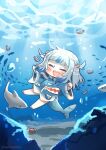  1girl :3 :d ^_^ air_bubble bangs barefoot blue_hair blunt_bangs blush bubble chibi closed_eyes commentary crab fish fish_tail gawr_gura happy highres hololive hololive_english long_hair multicolored_hair open_mouth same_anko shark shark_tail sharp_teeth shrimp smile solo streaked_hair symbol-only_commentary tail teeth twitter_username two-tone_hair two_side_up underwater underwear virtual_youtuber white_hair wide_sleeves 