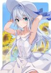  1girl absurdres alternate_costume blue_eyes blush collarbone cowboy_shot dress fathom flower hair_between_eyes hat hibiki_(kancolle) highres kantai_collection long_hair parted_lips solo sunflower white_dress white_hair white_headwear yellow_flower 