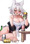 :3 absurdres ahoge alcohol auraaa bare_shoulders blush bow bow_panties breasts cleavage closed_eyes glasses highres large_breasts lorel_(auraaa) original owl_girl panties pointy_ears removing_jacket shiny shiny_hair shiny_skin sweat tank_top thick_thighs thighs tipsy underwear white_hair white_tank_top 