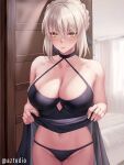  1girl artoria_pendragon_(fate) aztodio bangs bare_shoulders black_choker black_panties blonde_hair breasts choker cleavage clothes_lift commentary cowboy_shot dress dress_lift english_commentary fate_(series) groin hair_between_eyes indoors large_breasts lifted_by_self looking_at_viewer navel panties saber_alter short_hair sleeveless sleeveless_dress solo standing stomach underwear yellow_eyes 