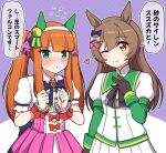  2girls :o ;) alternate_hairstyle animal_ears bangs black_bow black_gloves blunt_bangs blush bow breasts brown_eyes brown_hair center_frills closed_mouth commentary cosplay costume_switch flying_sweatdrops frills gloves green_eyes hair_between_eyes hair_bow hairband hairstyle_switch heart highres horse_ears layered_sleeves long_sleeves multiple_girls one_eye_closed orange_hair parted_lips pink_bow pink_skirt pleated_skirt polka_dot polka_dot_background puffy_short_sleeves puffy_sleeves purple_background purple_bow shirt short_over_long_sleeves short_sleeves silence_suzuka_(umamusume) silence_suzuka_(umamusume)_(cosplay) skirt small_breasts smart_falcon_(umamusume) smart_falcon_(umamusume)_(cosplay) smile takiki translation_request twintails two-tone_background umamusume white_background white_hairband white_shirt white_skirt 
