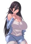  1girl absurdres bangs black_hair blue_jacket blue_shorts breasts brown_eyes cleavage collarbone commentary_request cowboy_shot grin hair_between_eyes highres jacket large_breasts long_bangs long_hair looking_at_viewer messy_hair natsuishi_nana off_shoulder original shorts simple_background smile solo tank_top white_background white_tank_top 
