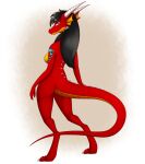  2021 anthro biped black_hair blue_eyes breasts butt claws digital_media_(artwork) dragon female hair horn long_hair long_tail looking_aside looking_at_viewer looking_back looking_back_at_viewer nude rear_view red_body red_scales scales scalie side_boob simple_background slim small_breasts standing tiana_(tomek1000) toe_claws tomek1000 tomek1000_(character) white_horn 