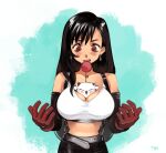  1girl bare_shoulders belt between_breasts black_gloves black_hair blush breasts collarbone commentary confused crop_top earrings elbow_gloves english_commentary final_fantasy final_fantasy_vii gloves highres jewelry large_breasts long_hair midriff moogle open_mouth optionaltypo red_eyes red_gloves simple_background skirt solo suspender_skirt suspenders tank_top tifa_lockhart white_tank_top 