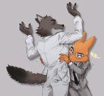  anthro bodily_fluids body_search brown_body brown_fur canid canine canis clothed clothing diane_foxington digital_media_(artwork) dreamworks duo eyebrow_piercing eyewear facial_piercing female fox fur glasses hands_on_another&#039;s_waist hi_res male mammal mr._wolf_(the_bad_guys) necktie nosugarnohoney orange_body orange_fur piercing simple_background smile sweat the_bad_guys white_clothing white_suit wolf 