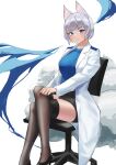  1girl absurdres alternate_costume animal_ears azur_lane black_footwear black_skirt black_thighhighs blue_eyes blue_sweater breasts chair coat doctor foot_out_of_frame high_heels highres kaga_(azur_lane) kitsune labcoat large_breasts large_tail looking_at_viewer miniskirt multiple_tails nocturnal_melonpan office_chair open_clothes open_coat over-kneehighs pencil_skirt shoes short_hair simple_background sitting skirt solo sweater tail thighhighs white_background white_coat white_hair white_tail zettai_ryouiki 