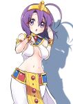  1girl ahoge blush breasts cleavage egyptian_clothes eyebrows_behind_hair highres hihkunhihkun jashin-chan_dropkick looking_at_viewer medium_breasts medusa_(jashin-chan_dropkick) navel no_bra open_mouth purple_eyes purple_hair shadow shiny shiny_hair short_hair simple_background solo standing sweat white_background 
